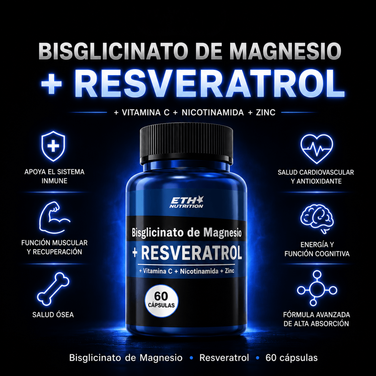 Magnesio Bisglicinato + Resveratrol, Relajación y Defensa Celular