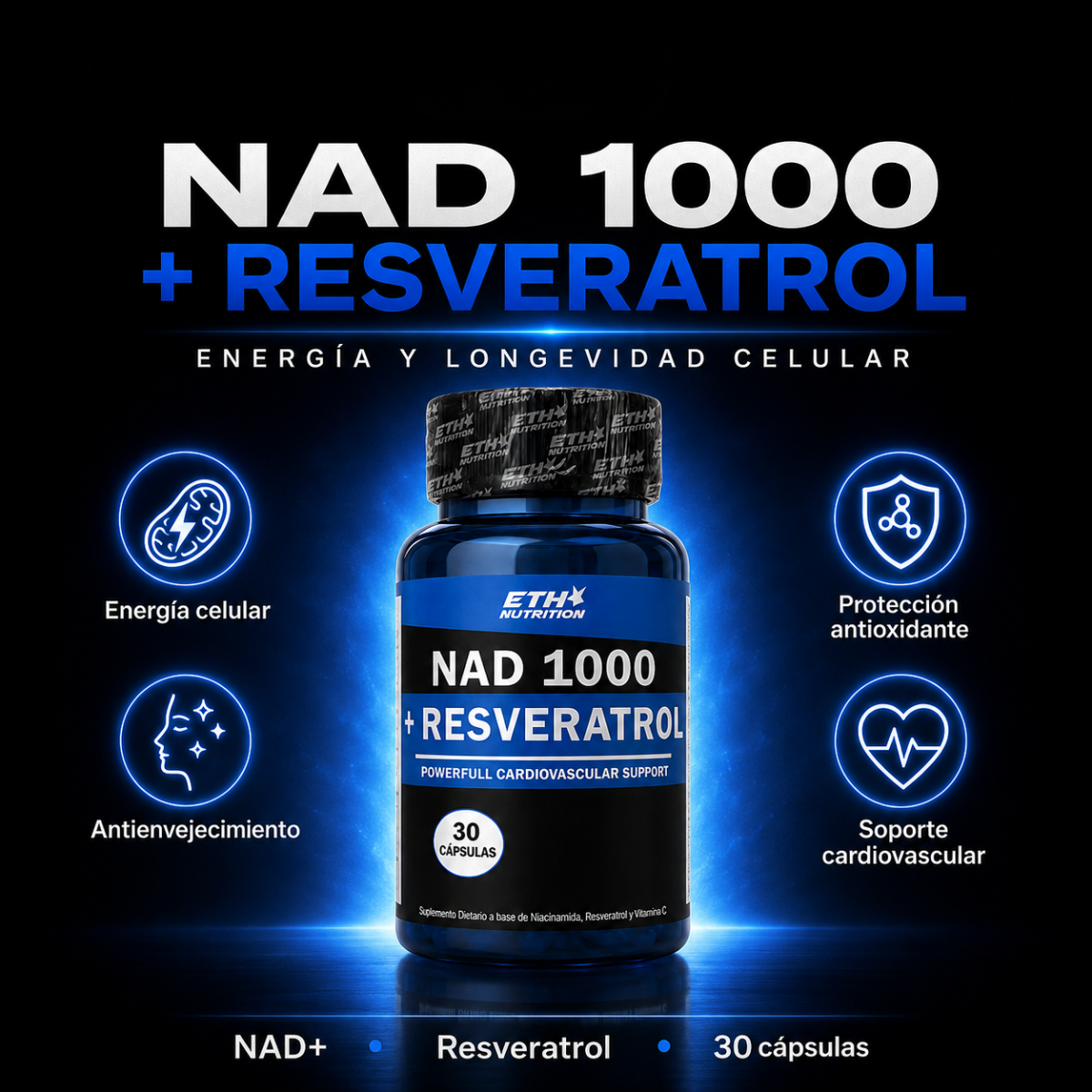 NAD1000 + Resveratrol - Antienvejecimiento y Energía